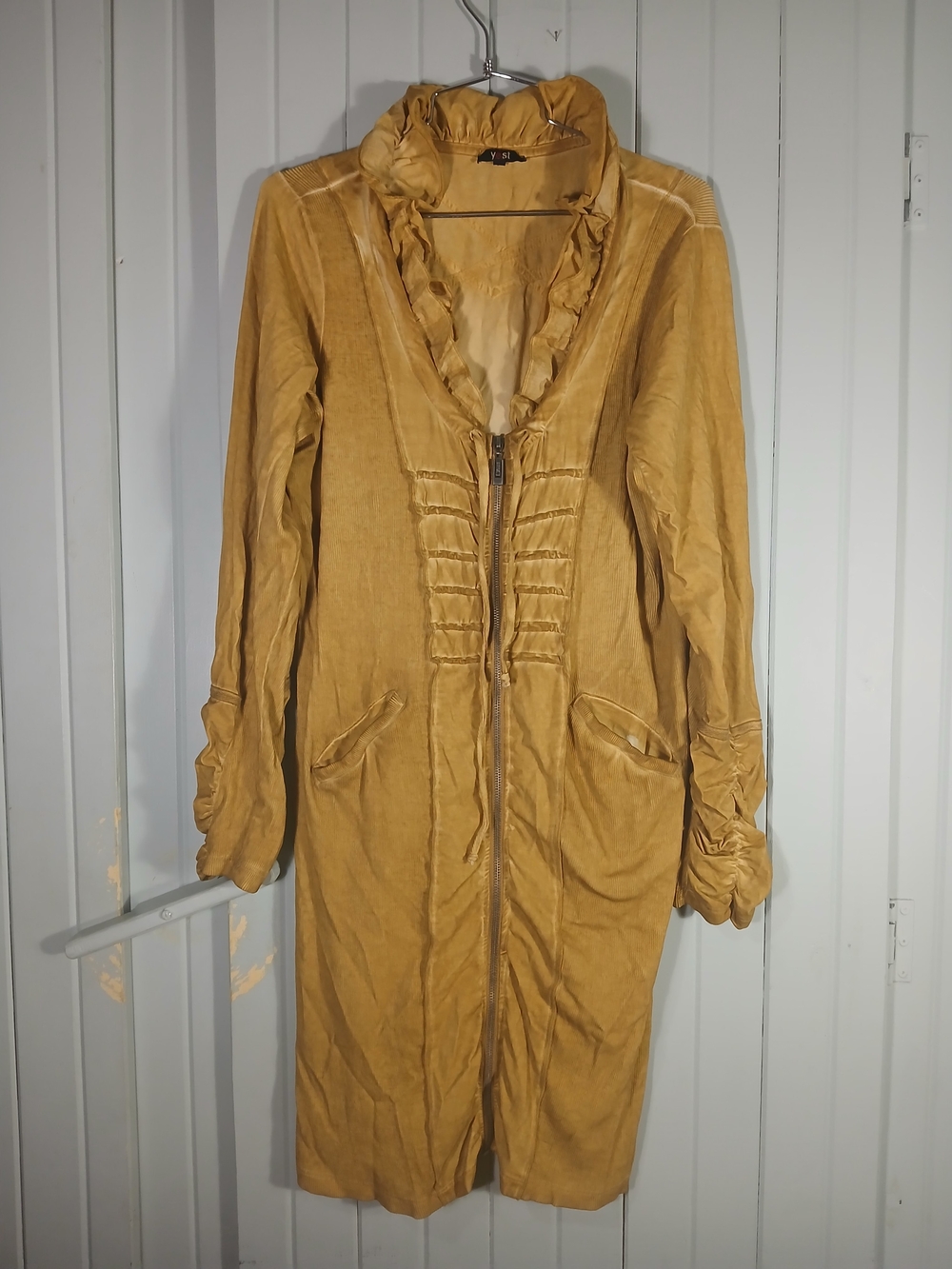 Yest Ruffled Front Longline Dress Coat in Mustard